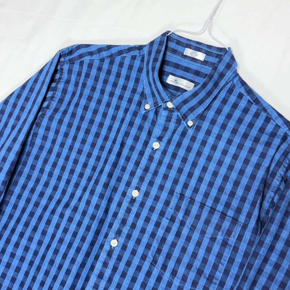 Peter‎ Millar Mens Large Blue Gingham Button Down Shirt Long Sleeve Cotton